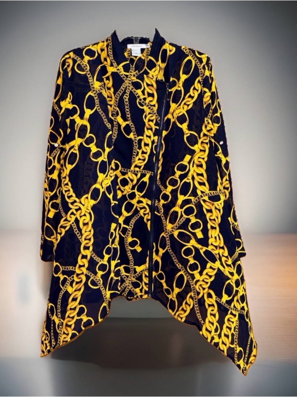 FERATELLI Women’s Sheer Navy & Gold Chain-Print Draped Top/Jacket-XL-EC